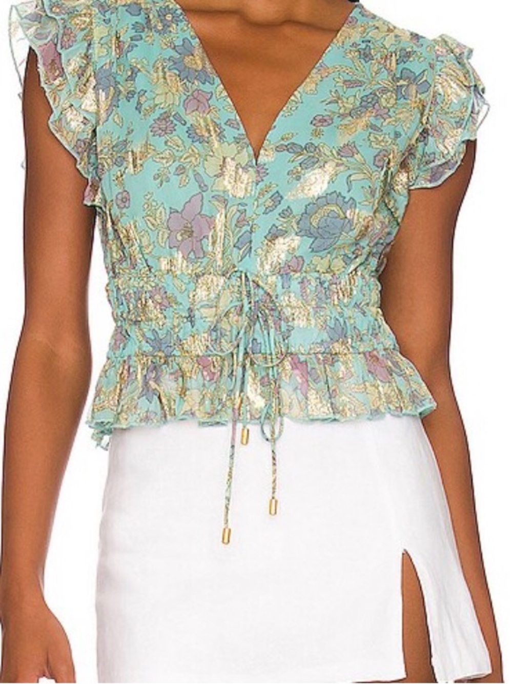 Karina Grimaldi Aqua Floral Metallic Tie-Front Ruffle Blouse. Size S